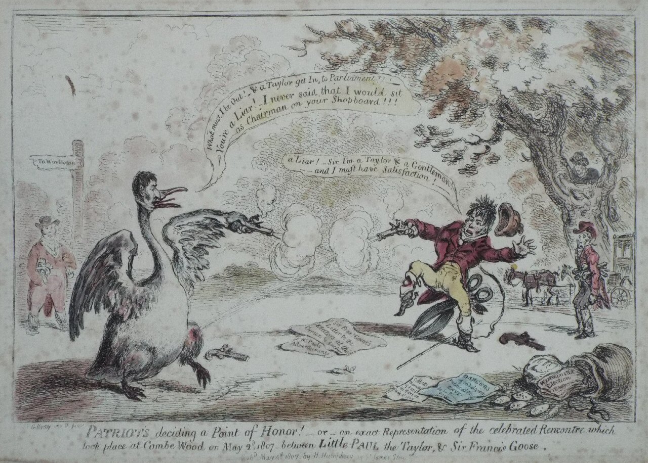 Etching - Patriot's deciding a Point of Honor! - or - an exact Representation of the celebrated Rencontre which took place at Combe Wood on May 2d, 1807 - between Little-Paul the Taylor, & Sir Francis Goose. - Gillray